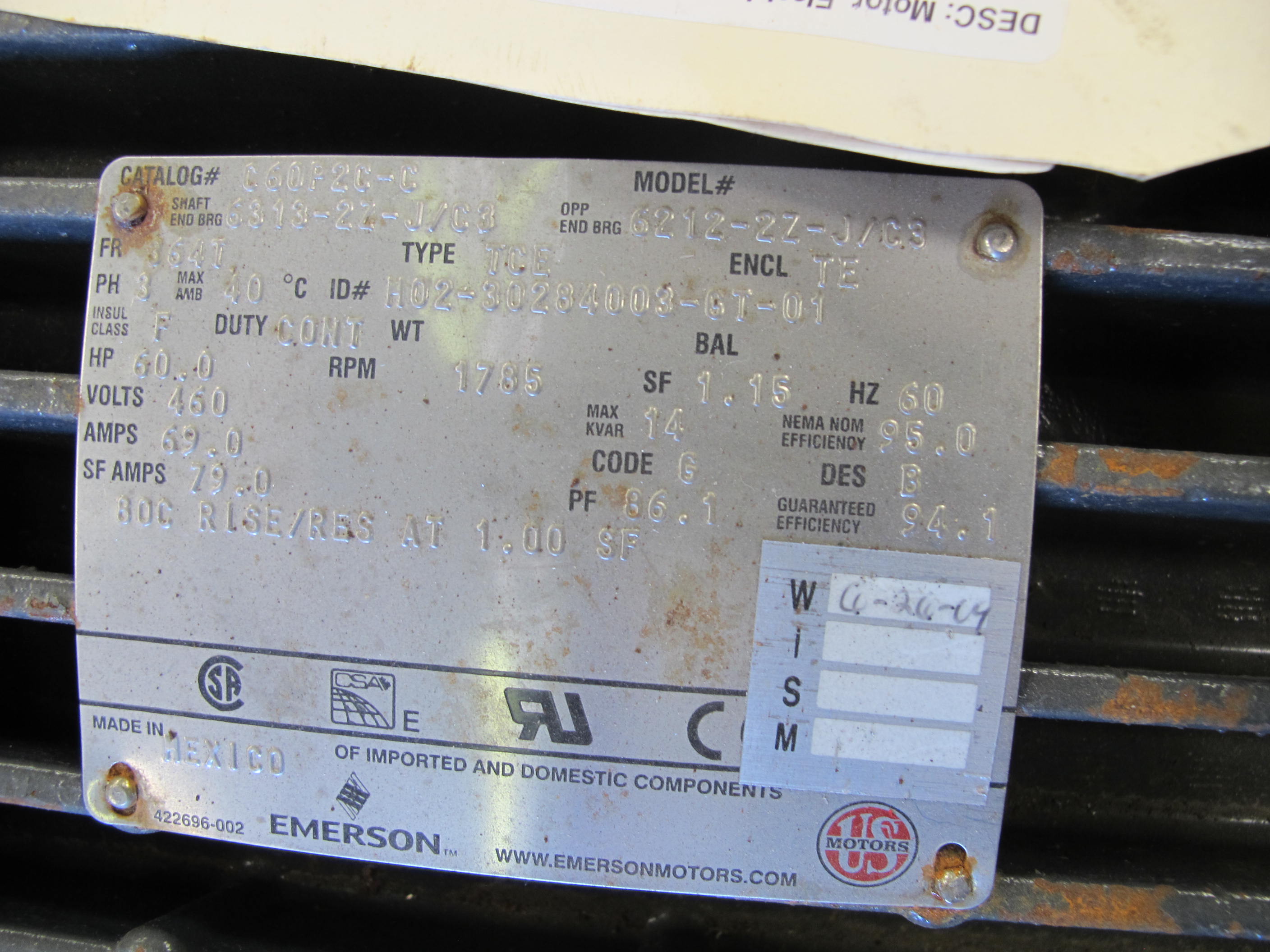 MOTOR, ELECTRIC TYPE, 60 HORSEPOWER, 460VAC, 3PH, 60HZ ELEC RATING, 1785 RPM, 364T FRAME, 70 AMPS, TEFC ENCLOSURE, CONT DUTY, 1.15 SERVICE FACTOR. INSULATION CLASS F, 40 DEG C AMBIENT, NEMA DESIGN B, NEMA CODE F. 60 WATTS, 120 VAC SPACE HEATER, PART # AU84 (W-44) LOADING & HANDLING FEE $15-